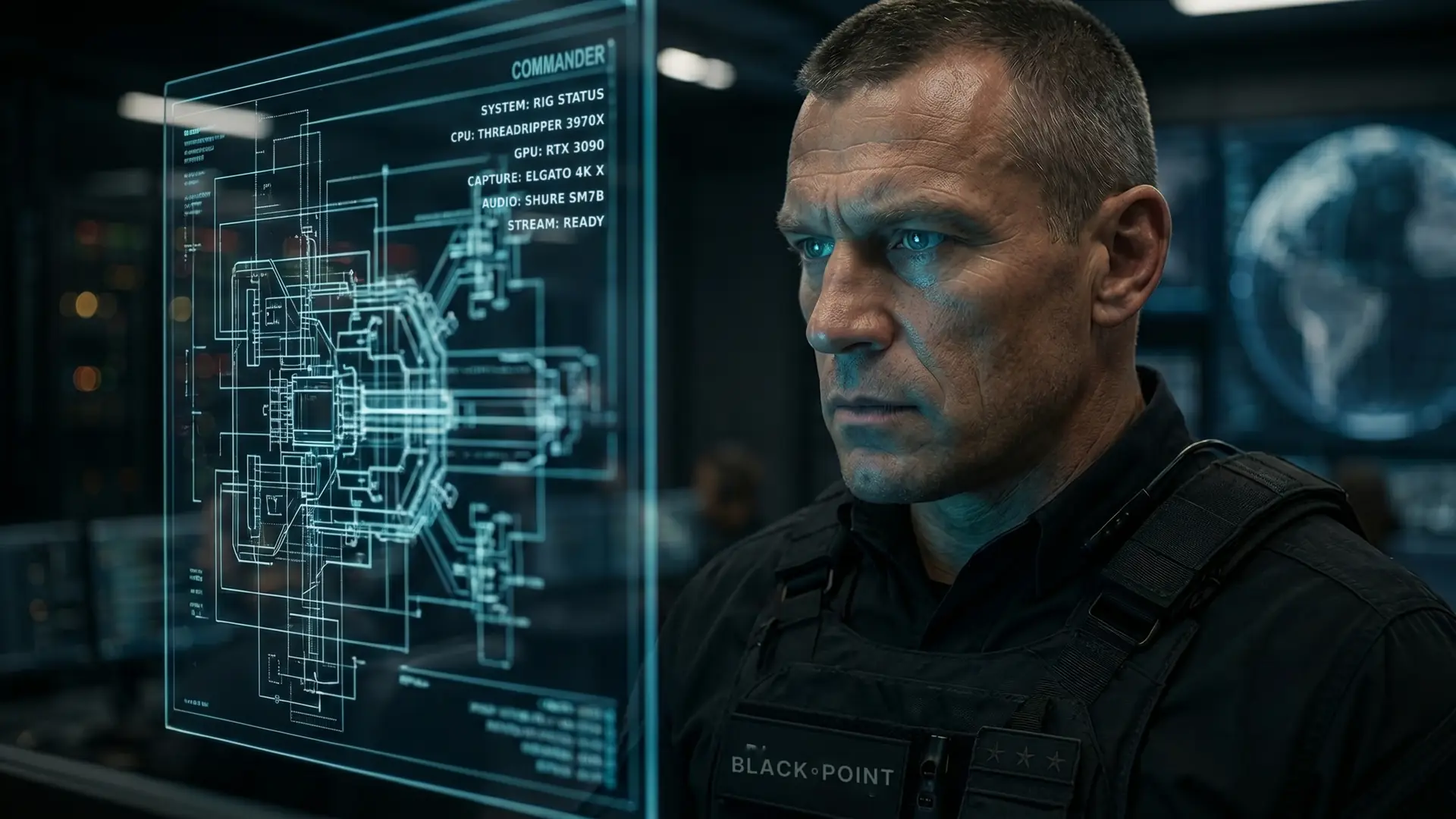 A Black Point commander studying a holographic system schematic