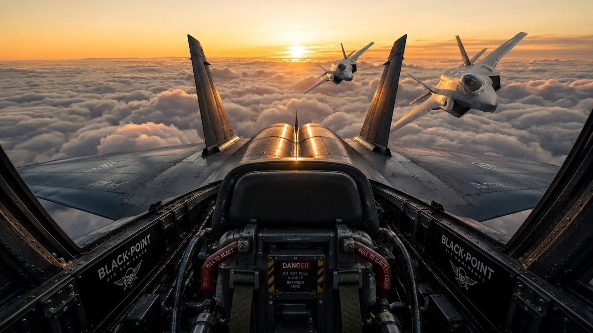 Cockpit view above the clouds with Black Point Air Dominance markings