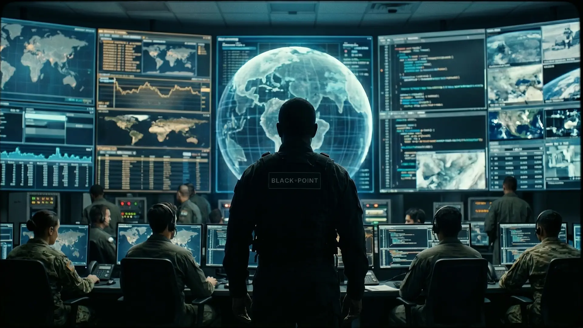 A Black Point commander faces the global operations wall in the command center