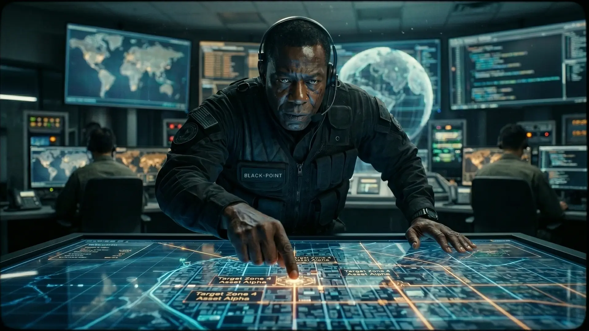 A Black Point officer planning on the tactical map table