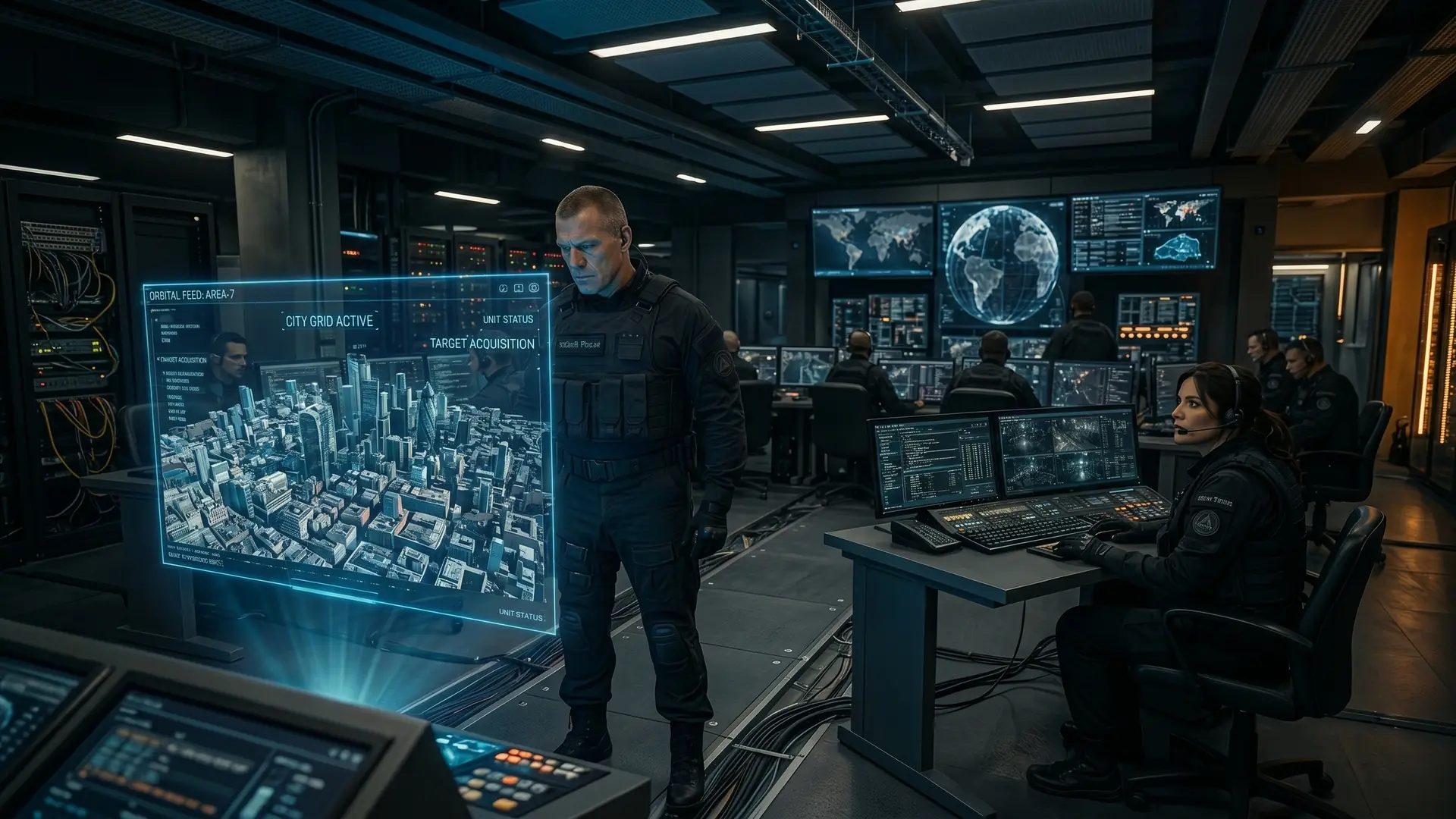 A Black Point commander reviewing a holographic city grid